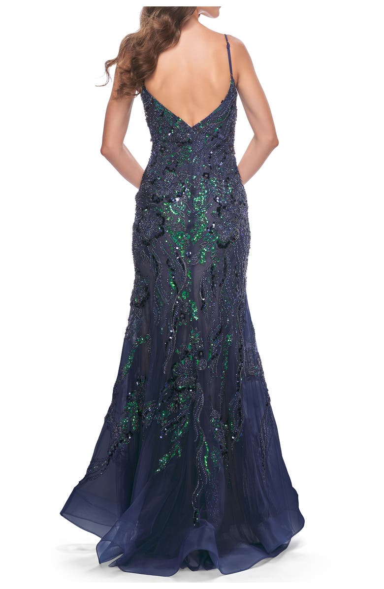 La Femme Mermaid Sequin and Beaded Embellished Prom Dress, Alternate, color, Navy