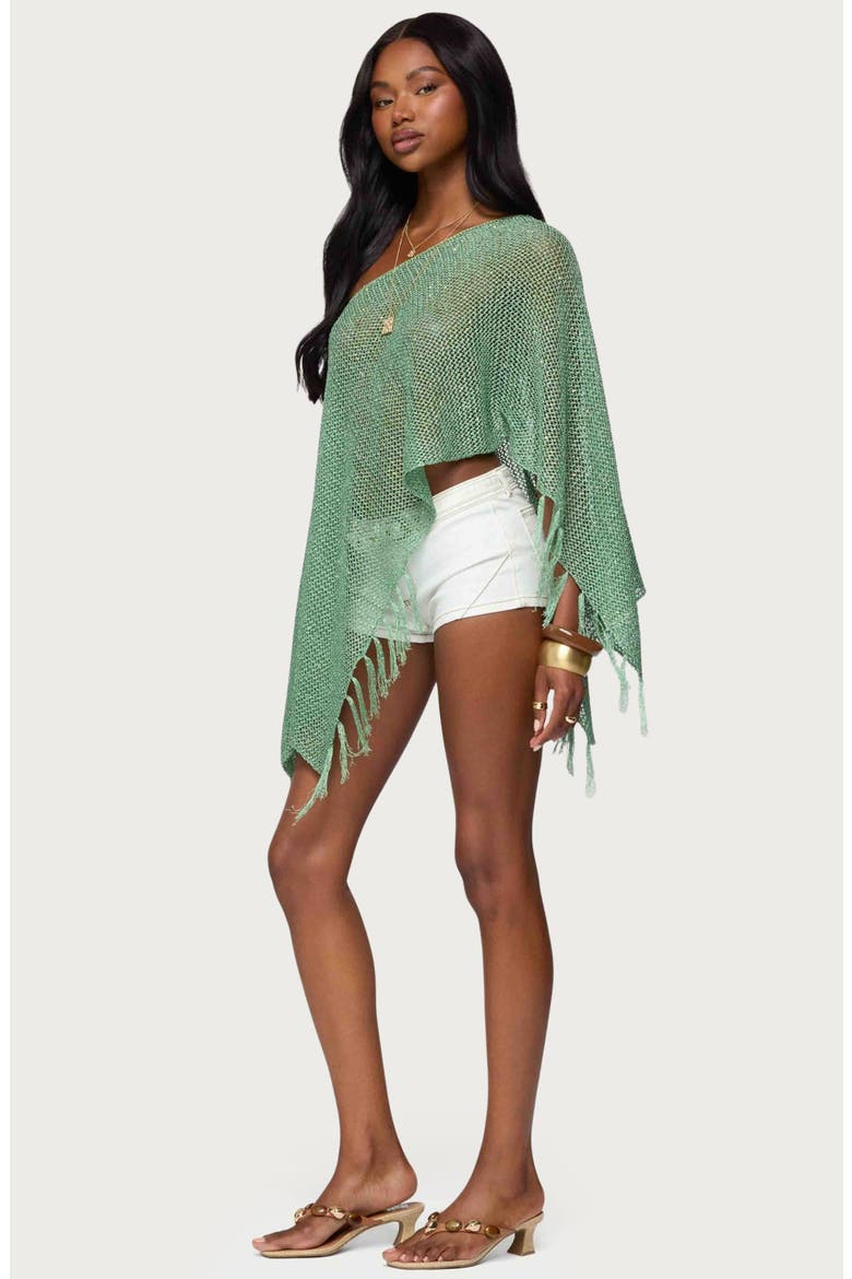 Sequin Fringe Knit Poncho, Alternate, color, GREEN