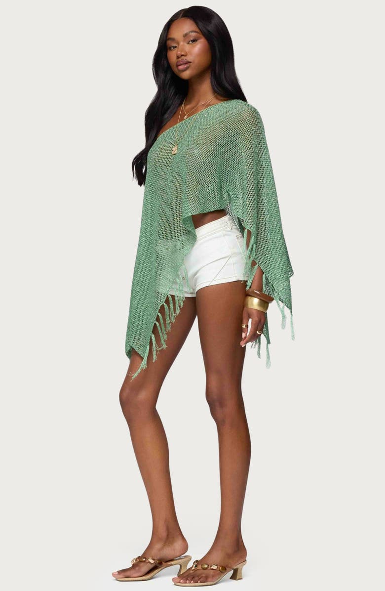 EDIKTED Sequin Fringe Knit Poncho, Alternate, color, Green