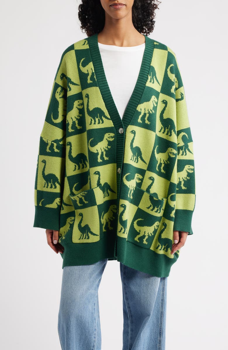Dressed in Lala Dino Drama Oversize Jacquard Cardigan, Main, color, Green