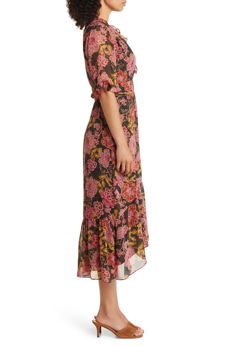 Floral Ruffle Faux Wrap Midi Dress, Alternate, color, OLIVE/ PINK CORAL