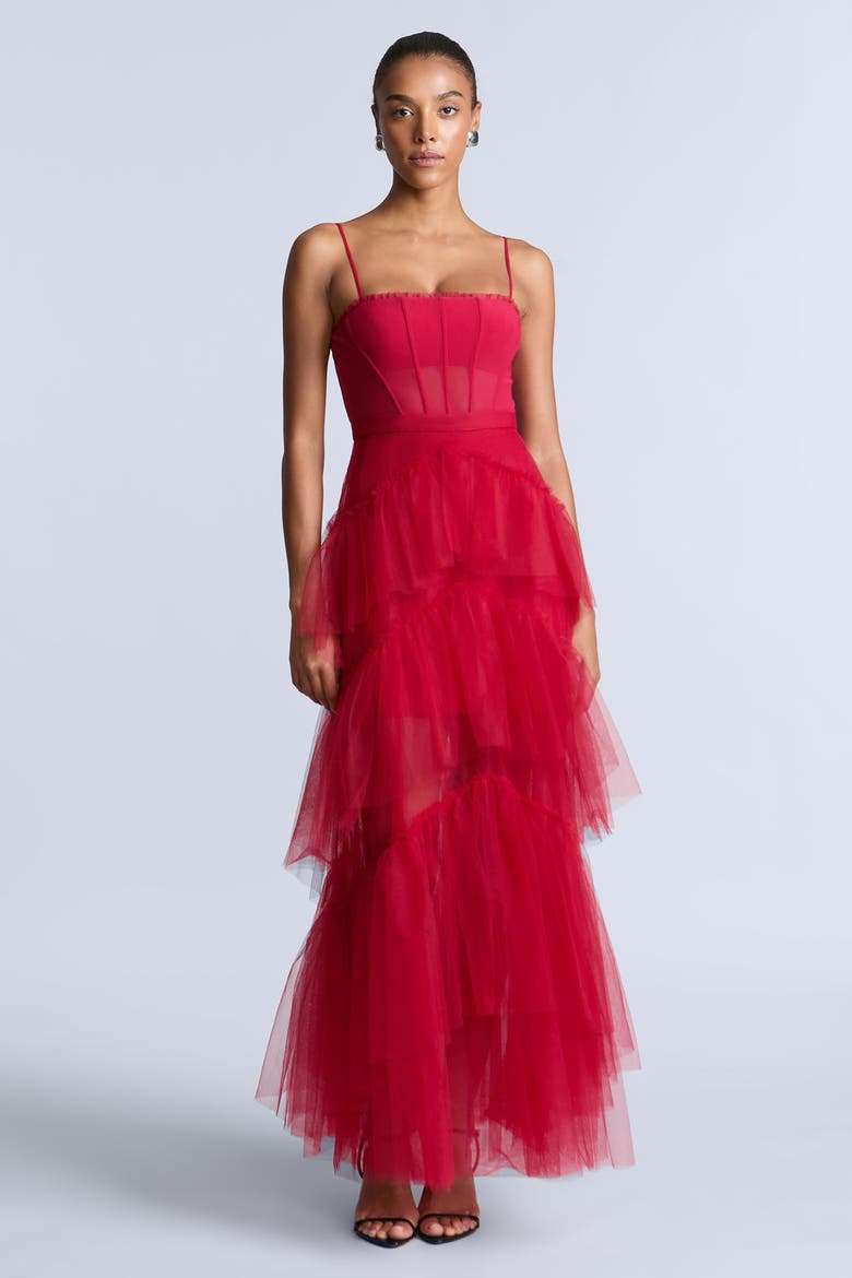 Oly Tiered Ruffle Tulle Evenin, Alternate, color, Red
