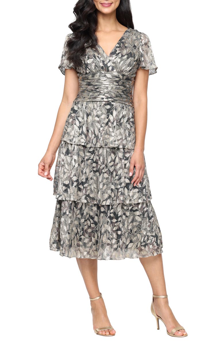 SL FASHIONS Metallic Tiered Surplice Neck Midi Dress, Main, color, Black Gold