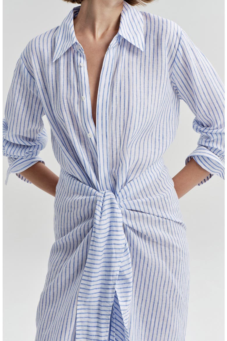 Mila Striped Linen Midi Shirtdress, Alternate, color, WHITE/ CLASSIC BLUE
