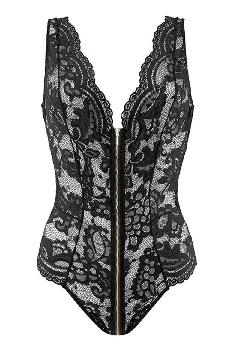 Women's Plunge Zipper Detail Teddy, Alternate, color, Black