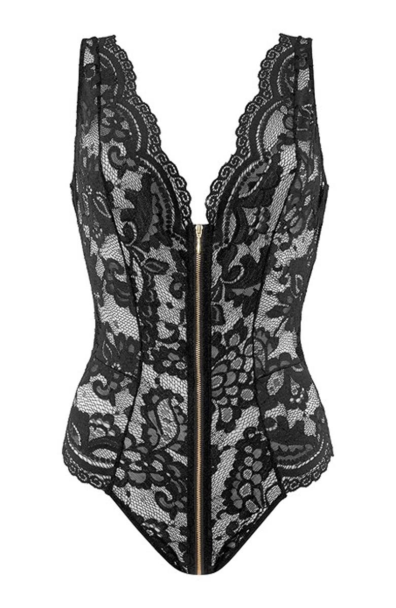 LASCANA Women's Plunge Zipper Detail Teddy, Alternate, color, Black