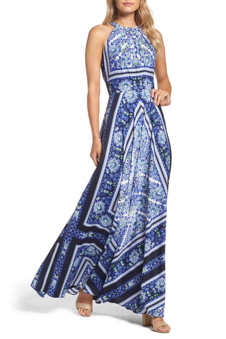 Scarf Print Maxi Dress, Main, color, NAVY/ PURPLE