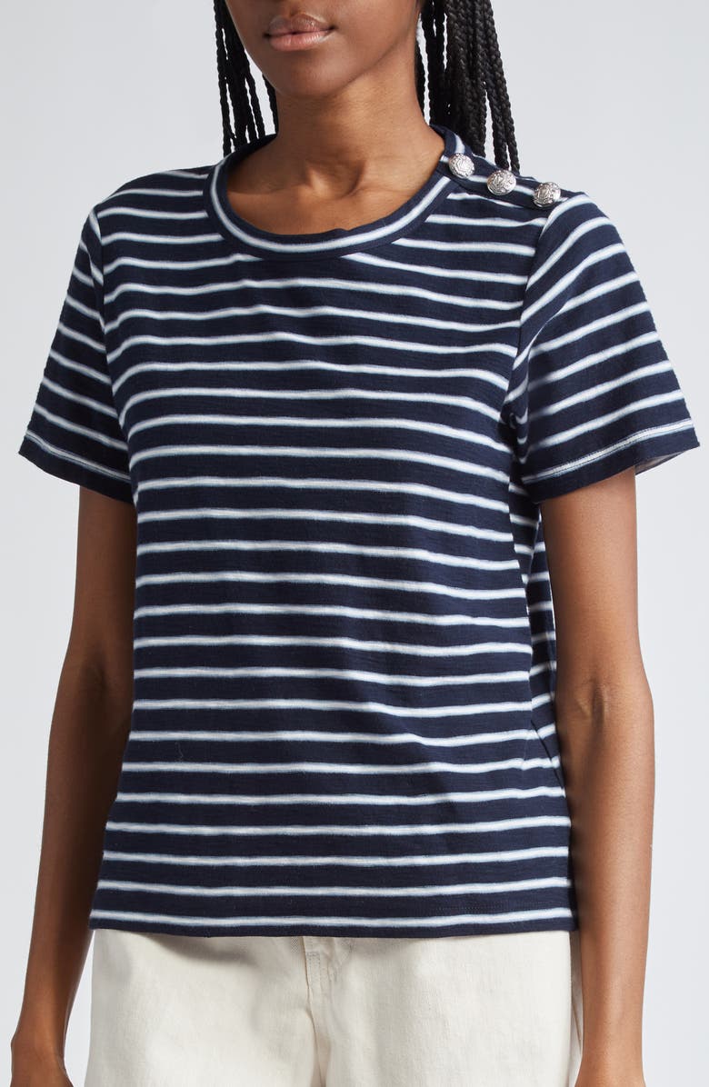 Veronica Beard Carla Stripe Crewneck Cotton T-Shirt, Alternate, color, Navy/ Light Blue/ White