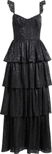 Lulus::Organza Tiered マキシドレス:L[RESALE] Green Floral Organza Dress - Tiered Floral Gown - Black Gown