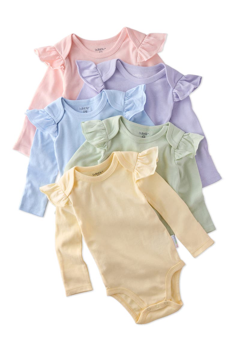 Ashley Ruffle Long Sleeve Organic Cotton Assorted 5-Pack Bodysuits, Main, color, HAZE