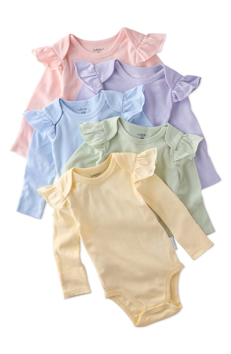 BUTTERBLU Ashley Ruffle Long Sleeve Organic Cotton Assorted 5-Pack Bodysuits, Main, color, Haze