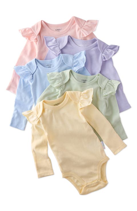 Ashley Ruffle Long Sleeve Organic Cotton Assorted 5-Pack Bodysuits (Baby)