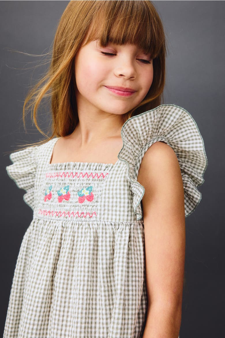 Flutter-sleeved Cotton Dress, Alternate, color, Light khaki green/raspberries