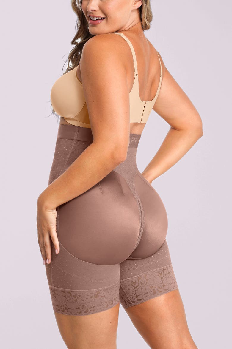AirSlim High Waist Butt-Lifting Polka Dot Shorts, Alternate, color, Warm Taupe