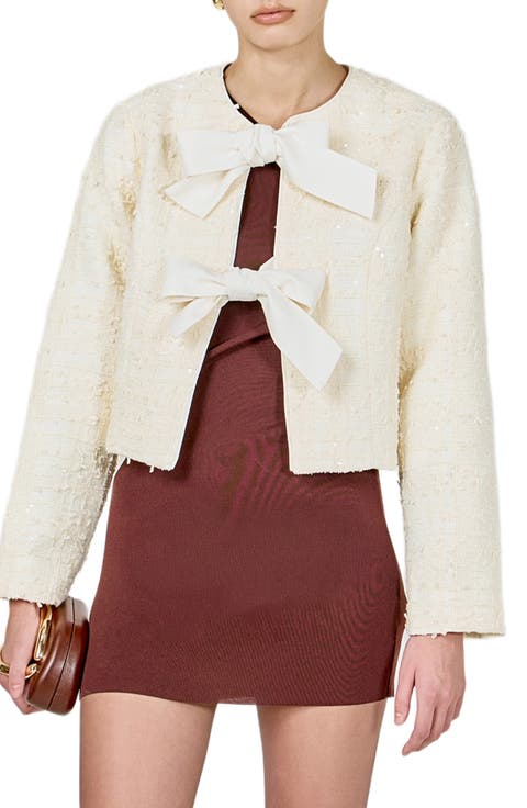 Contrast Bow Sequin Tweed Jacket