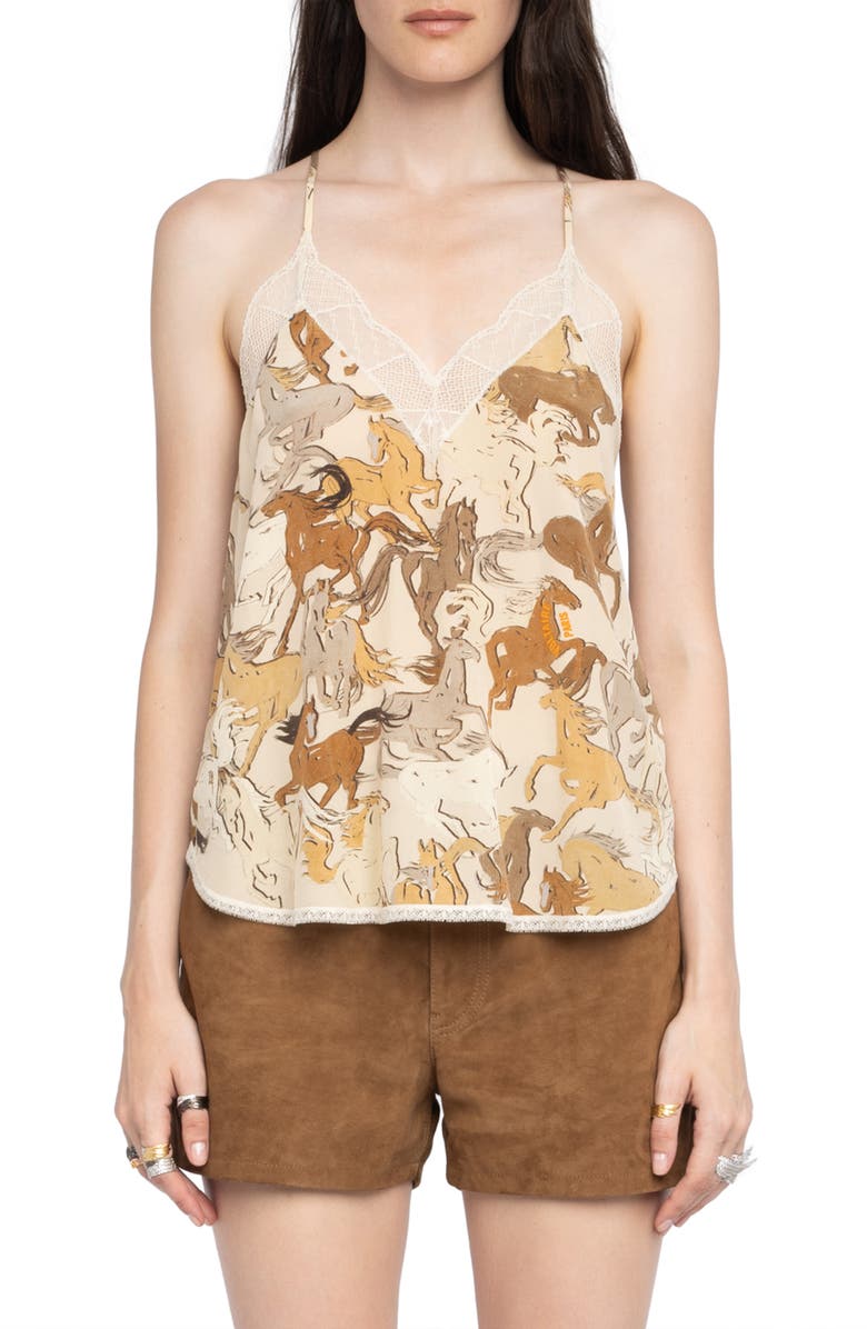 Zadig & Voltaire Christy Horse Print Crêpe de Chine Silk Camisole, Main, color, Ecru