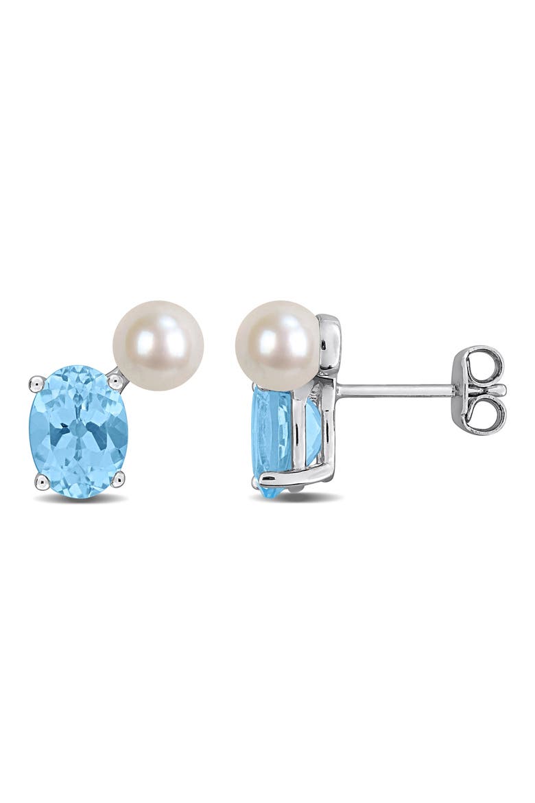 5.5-6mm Cultured Freshwater Pearl & Sky Blue Topaz Stud Earrings, Main, color, BLUE