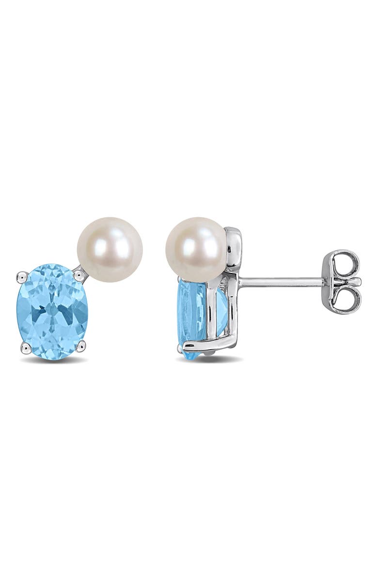 DELMAR 5.5-6mm Cultured Freshwater Pearl & Sky Blue Topaz Stud Earrings, Main, color, Blue