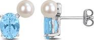 DELMAR 5.5-6mm Cultured Freshwater Pearl & Sky Blue Topaz Stud Earrings