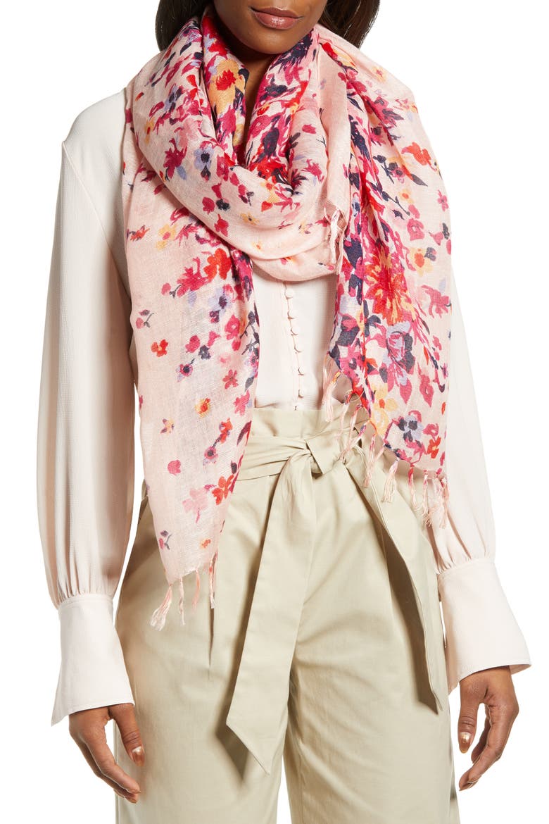 Painted Linen Blend Scarf, Main, color, PINK FLOWER VINE