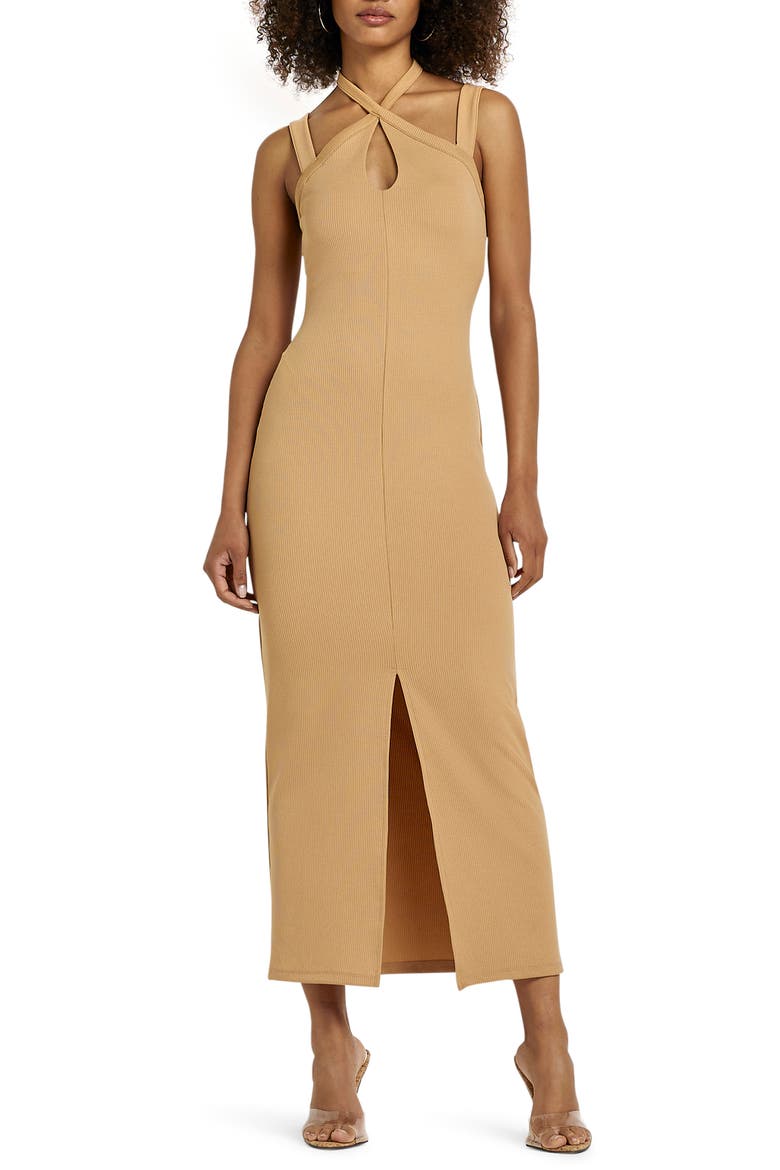 Ribbed Halter Midi Dress, Main, color, LIGHT BEIGE