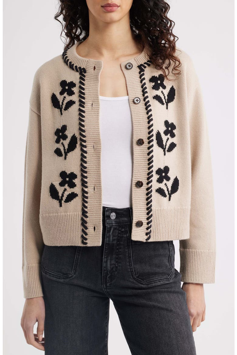 Mavie Intarsia Floral Cardigan, Alternate, color, OAT BLACK