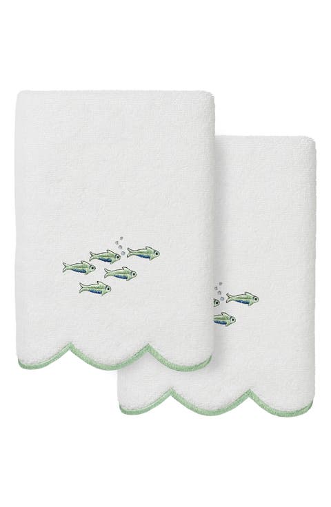 2-Piece Fish School Embroidered Turkish Cotton Hand Towel Set