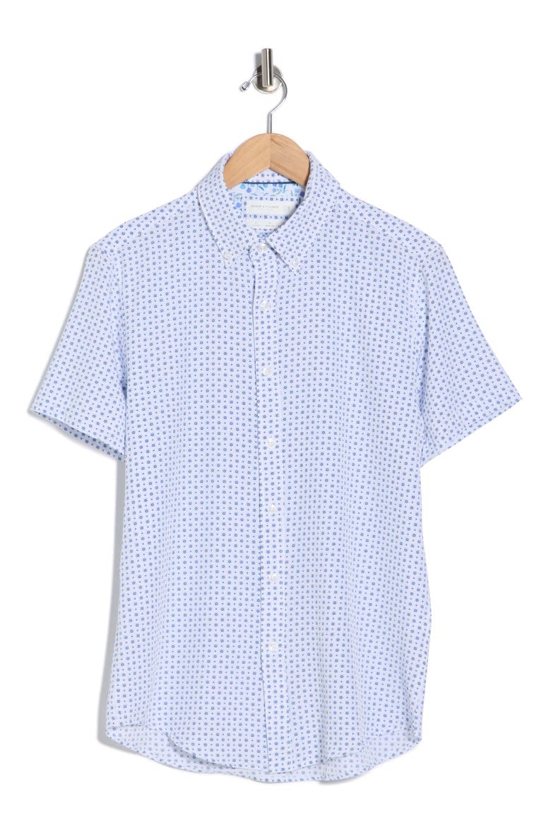 Dressy Tech Geometric Print Short Sleeve Button-Up Shirt, Alternate, color, WHITE