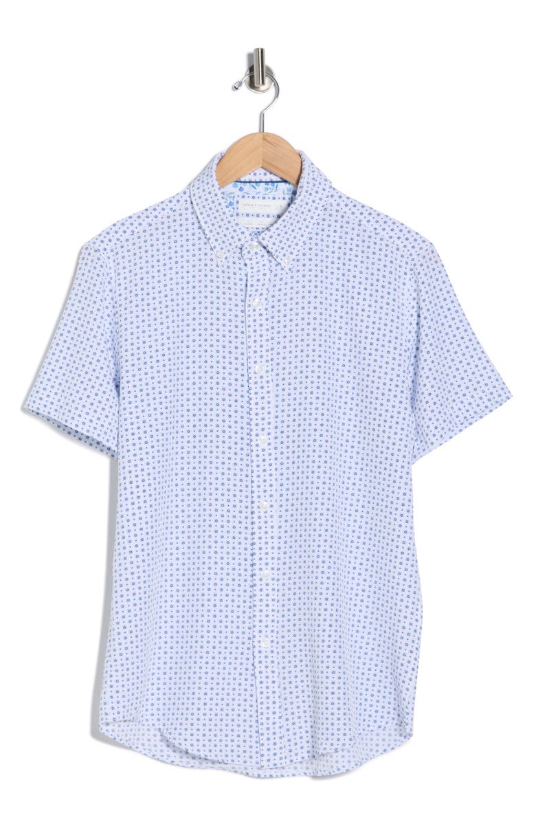 DENIM AND FLOWER Dressy Tech Geometric Print Short Sleeve Button-Up Shirt, Main, color,