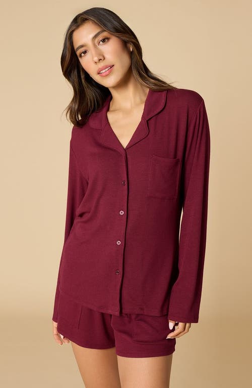 Softies Aria Slim Notch Collar Long Sleeve Short Set In Burgundy