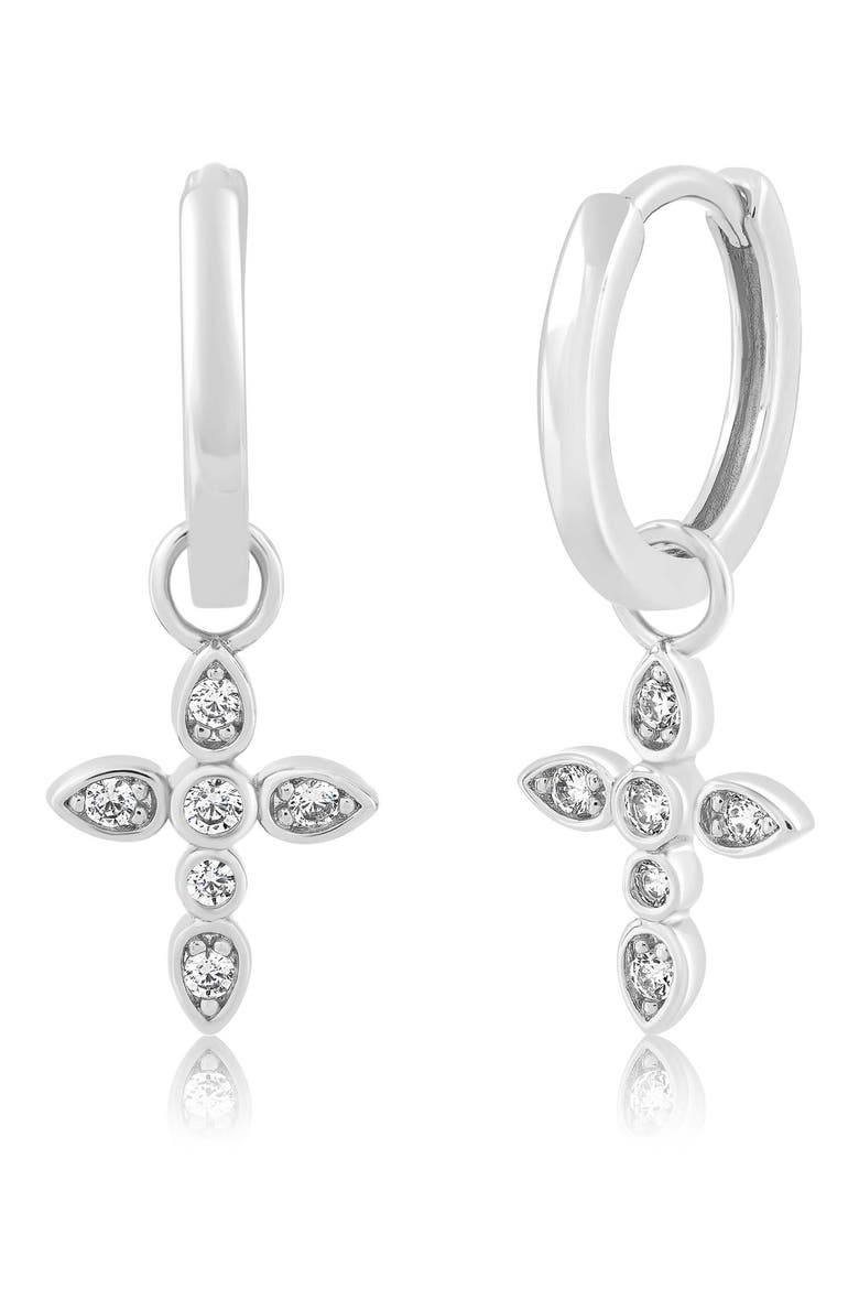 Cubic Zirconia Cross Charm Huggie Hoop Earrings, Main, color, SILVER