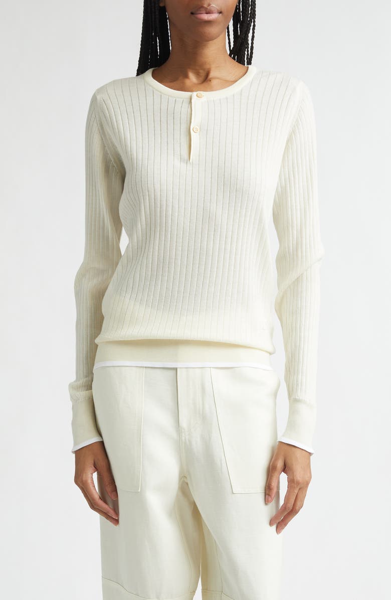 Wales Bonner Nile Merino Wool & Cotton Rib Henley Sweater, Main, color, Ivory