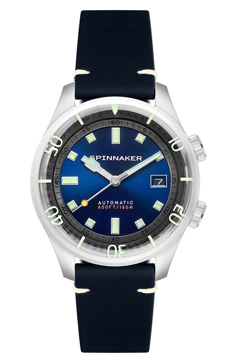 SPINNAKER Bradner Automatic Leather Strap Watch, 42mm, Main, color, Blue