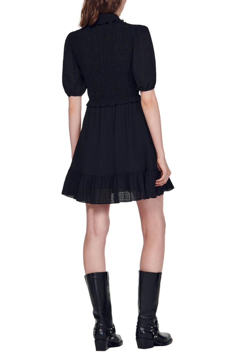 SANDRO Smocked Puff Sleeve Minidress, Alternate, color, Black