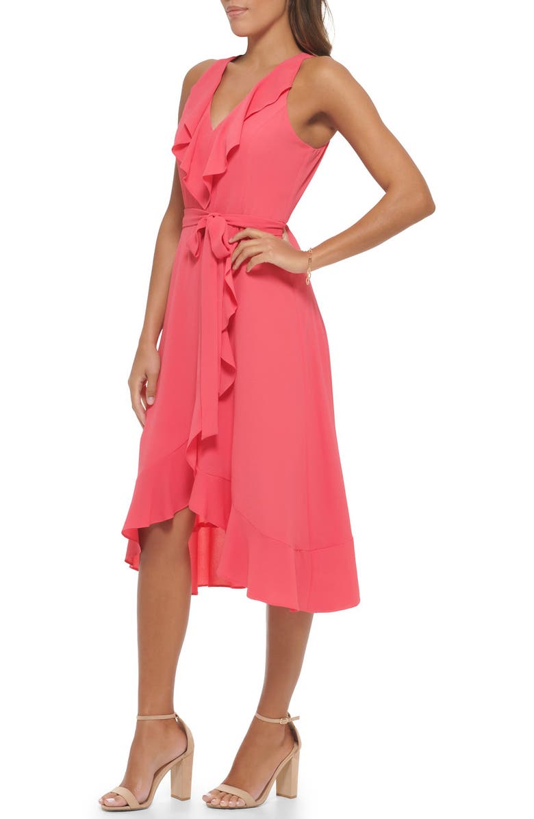 Kensie Ruffle Trim Faux Wrap Dress, Alternate, color, Watermelon
