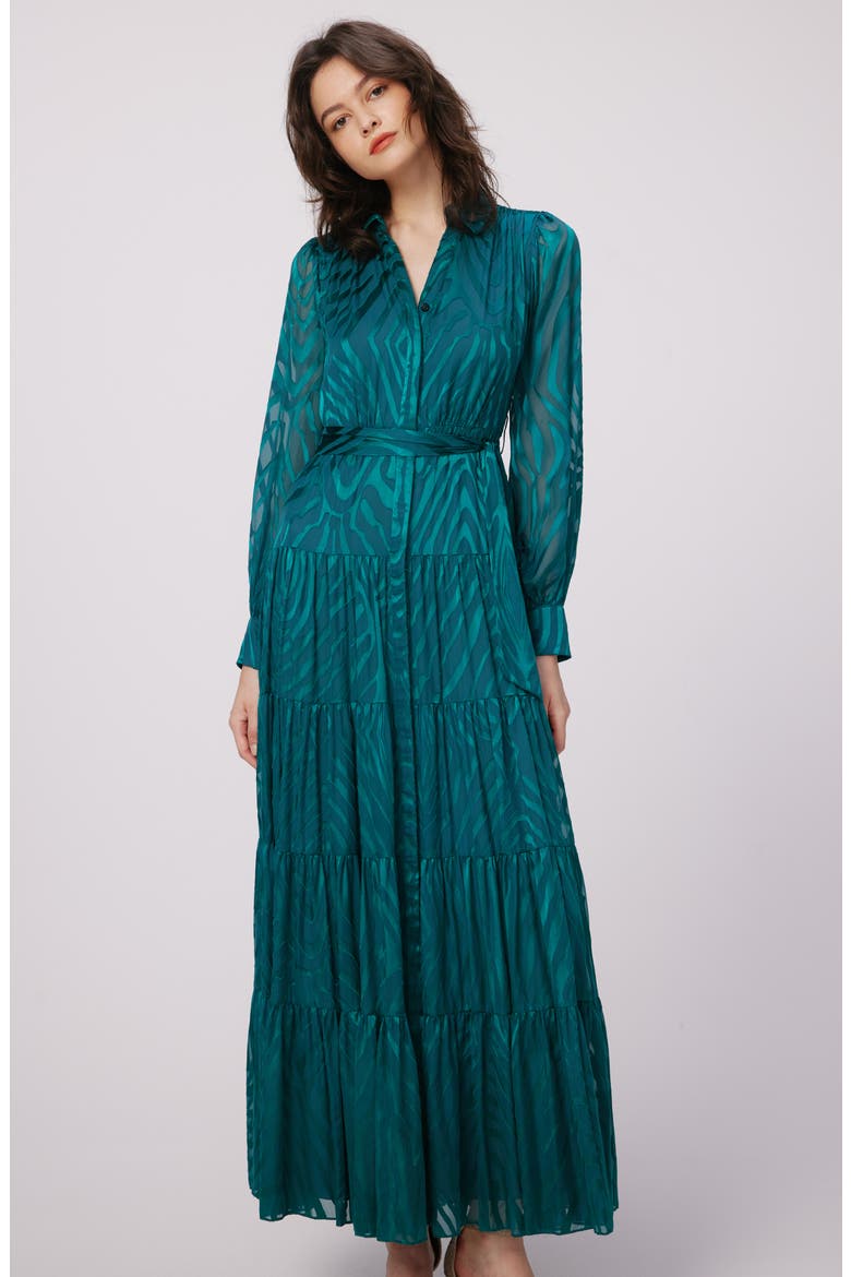 Downing Zebra Stripe Jacquard Long Sleeve Chiffon Maxi Dress, Alternate, color, ZEBRA INDIAN GREEN LG