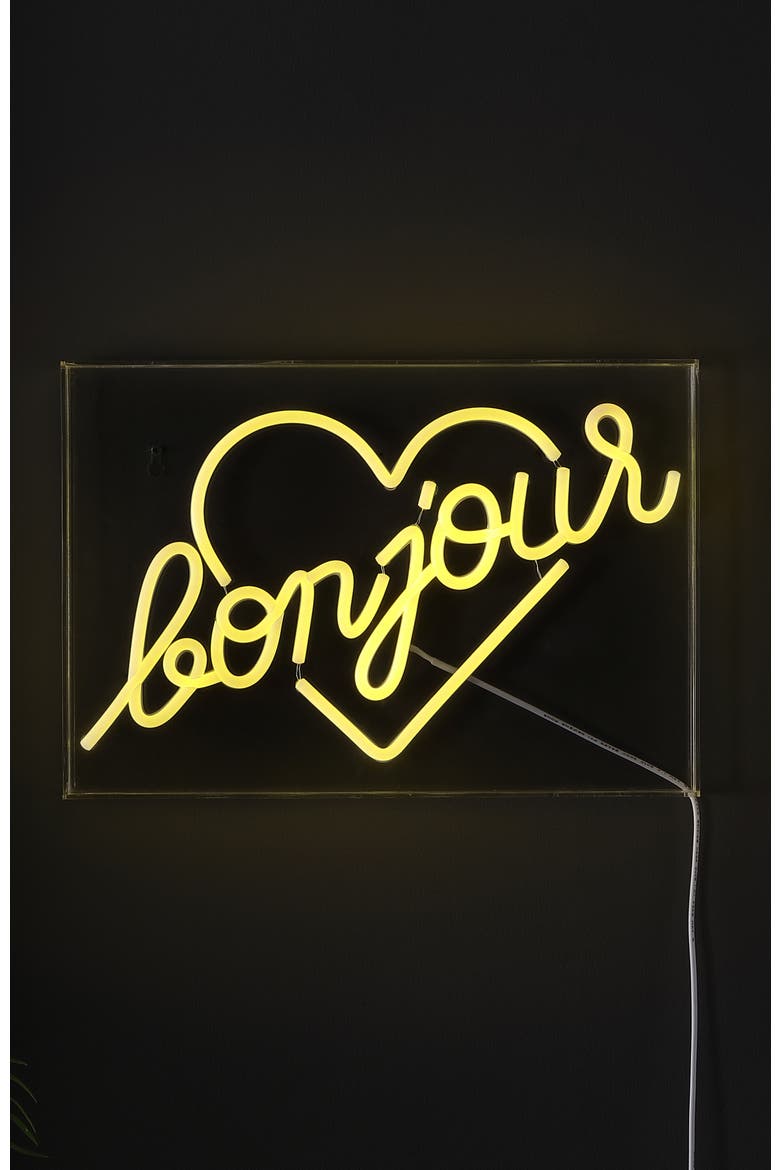 Bonjour Heart 15" X 10.3" Contemporary Glam Acrylic Box USB Operated LED Neon Light, Yellow, Alternate, color, Yellow