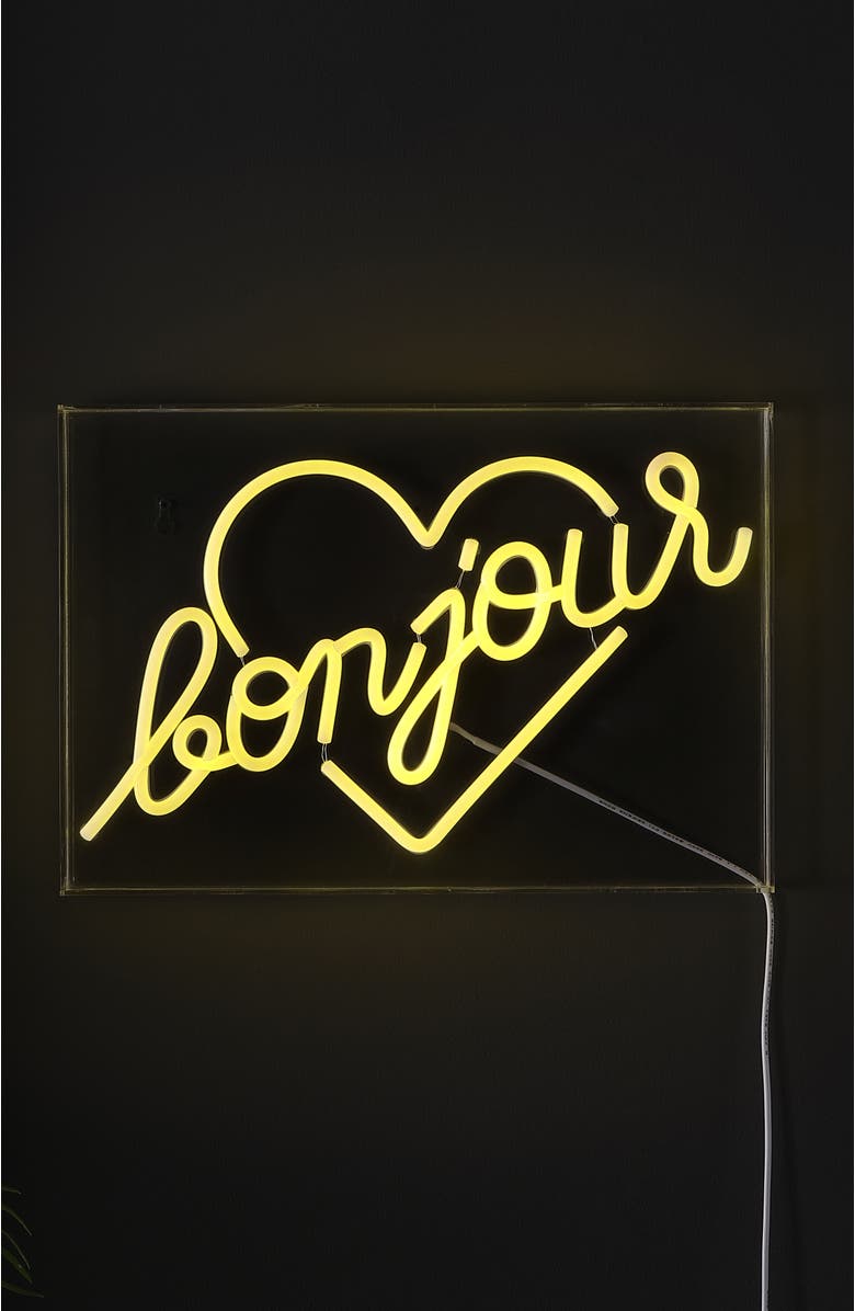 JONATHAN Y Bonjour Heart 15" X 10.3" Contemporary Glam Acrylic Box USB Operated LED Neon Light, Yellow, Alternate, color, Yellow