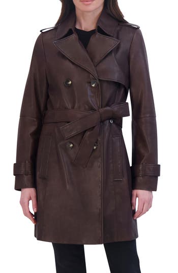Tahari Natalie Leather Trench Coat In Brown
