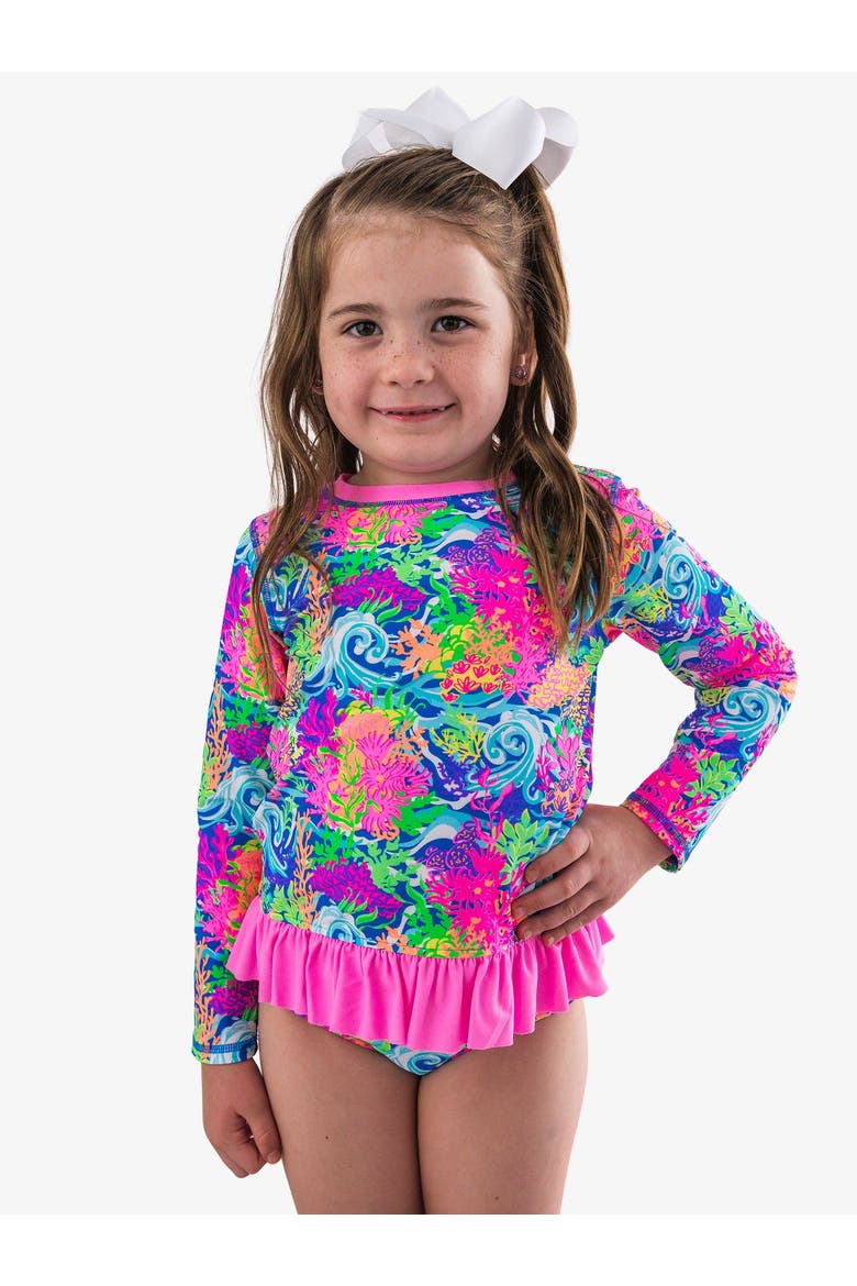 Toddler Girls UPF50+ Long Sleeve Rash Guard Bikini, Alternate, color, Neon Ocean Coral