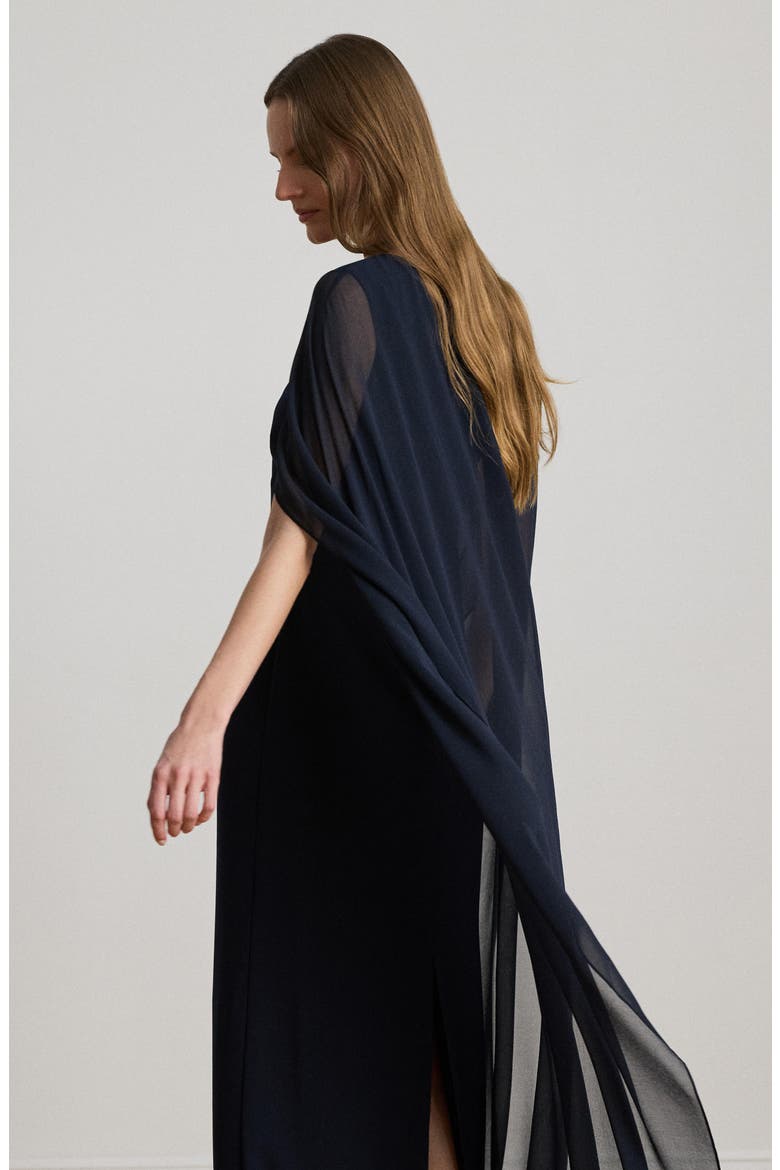 Cape Detail Triple Georgette Gown, Alternate, color, LAUREN NAVY BLUE