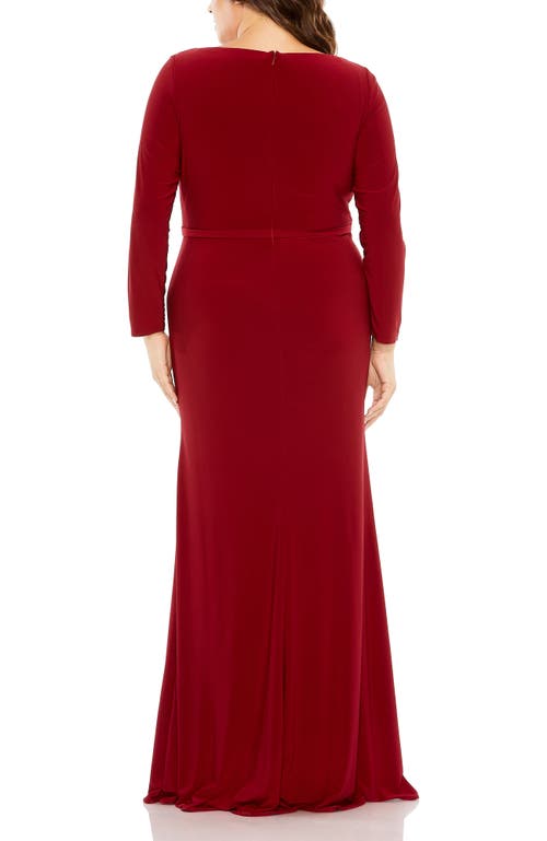 Mac Duggal Long Sleeve V-neck Faux Wrap Gown In Multi