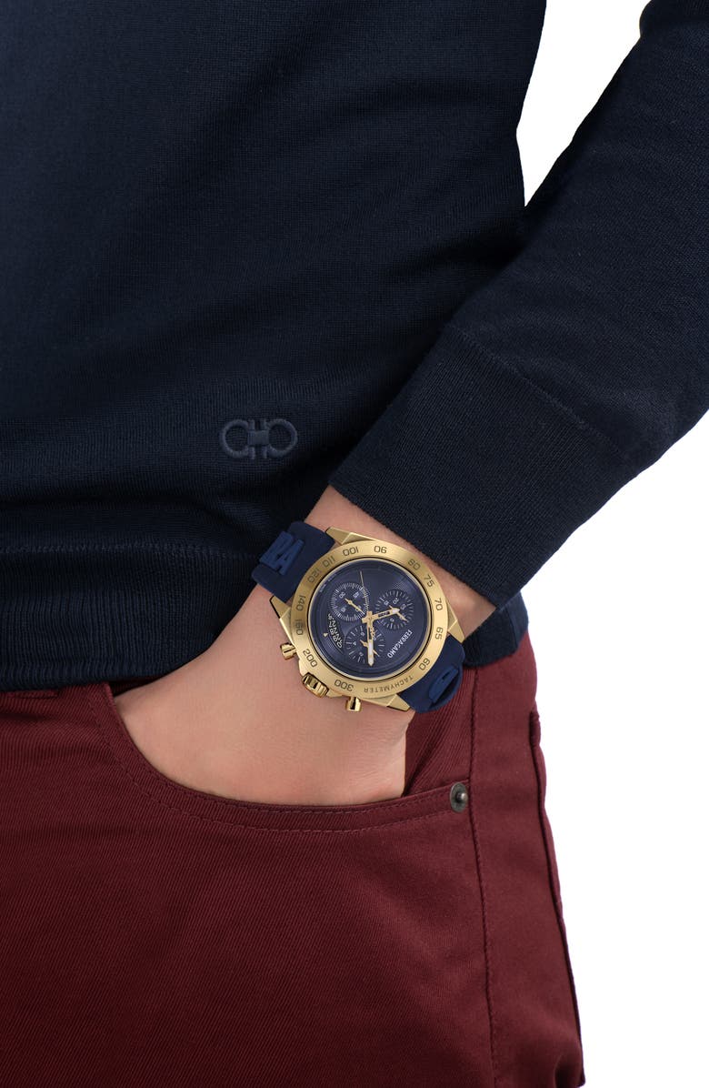 FERRAGAMO Chronograph Silicone Strap Watch, 43mm, Alternate, color, Yellow Gold