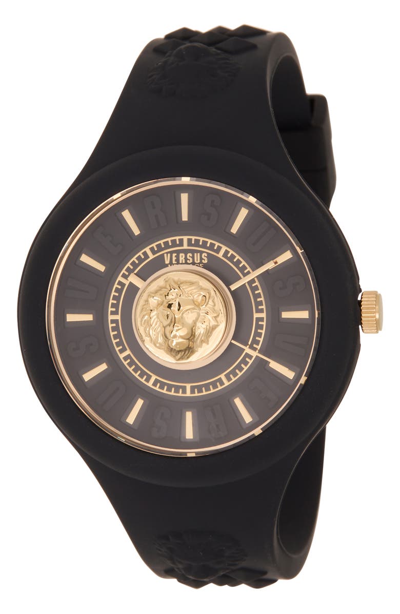 VERSUS Versace Fire Island Lion Silicone Strap Watch, 44mm, Main, color, Black