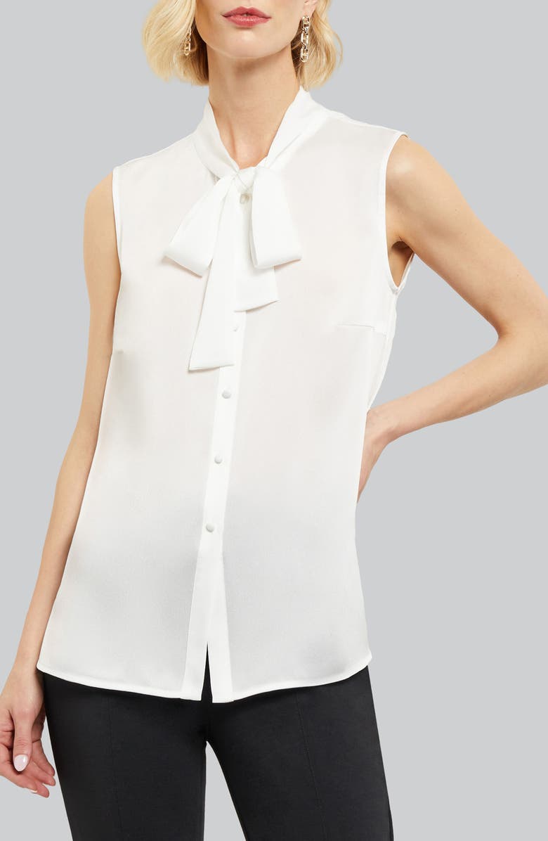 Misook Tie Neck Sleeveless Blouse, Main, color, White