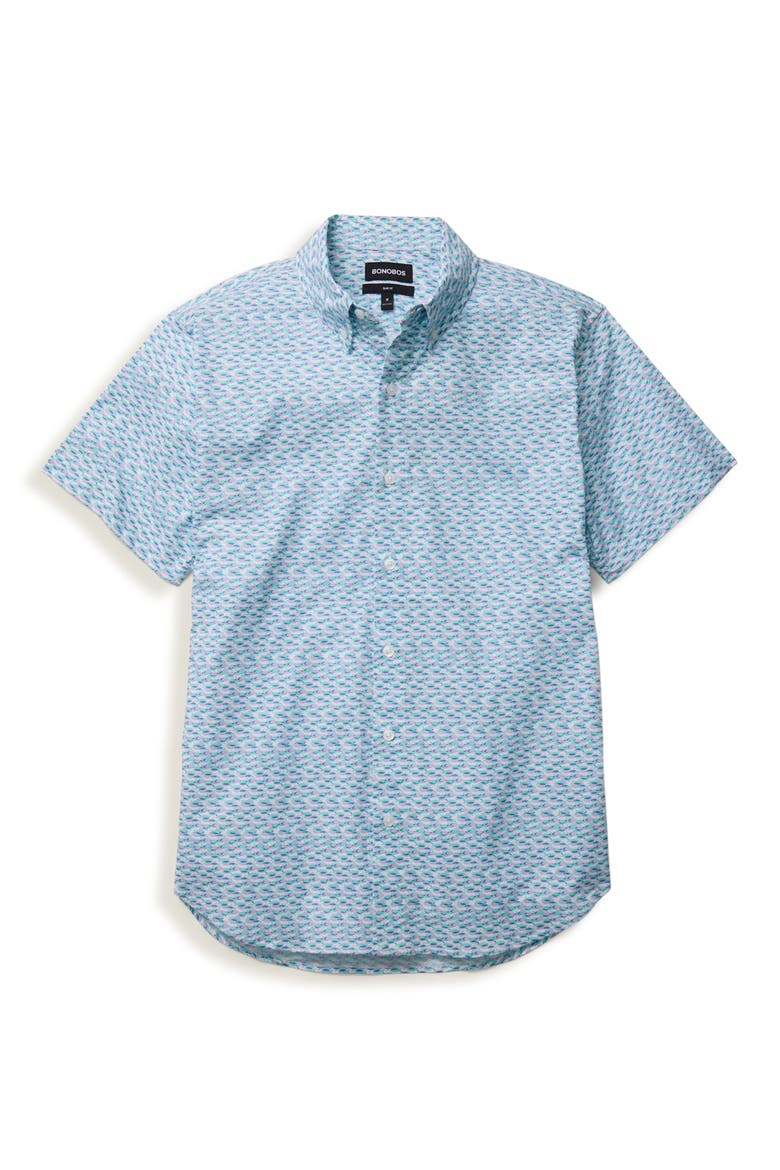 Fish Party Slim Fit Short Sleeve Button-Down Shirt, Alternate, color, BLUE/ LAVENDAR FISH