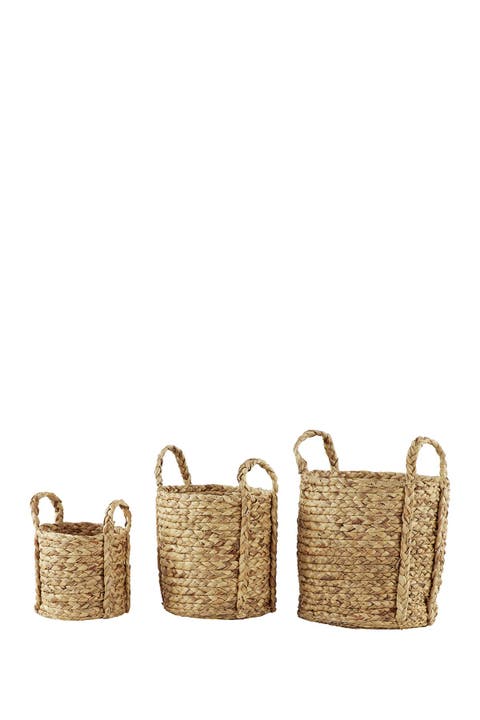 Round Natural Seagrass Wicker Basket Planters with Handles - Set of 3