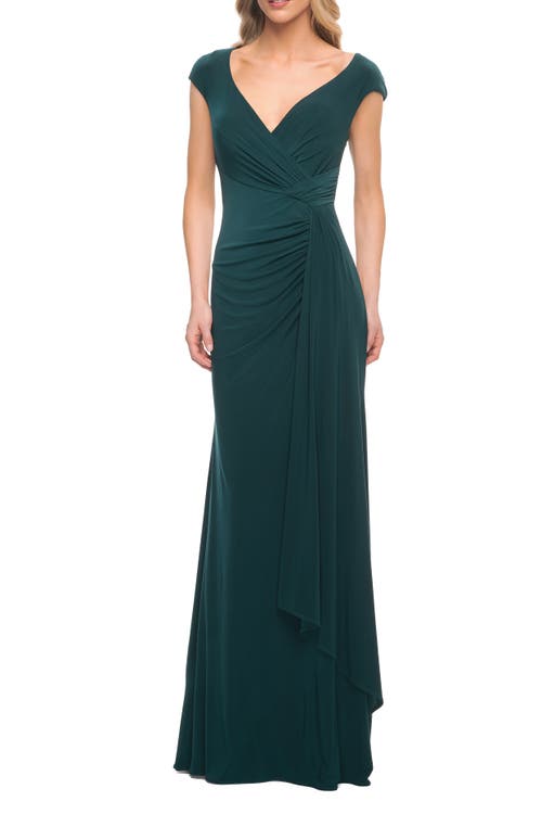 La Femme Jersey Dress with Knot at Waist and Short Sleeves in Emerald 