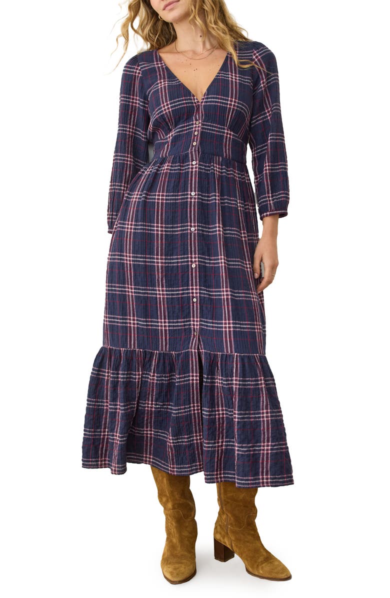 Marine Layer Maeve Plaid Long Sleeve Tiered Midi Dress, Main, color, Twilight Plaid