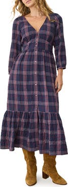 Marine Layer Maeve Plaid Long Sleeve Tiered Midi Dress